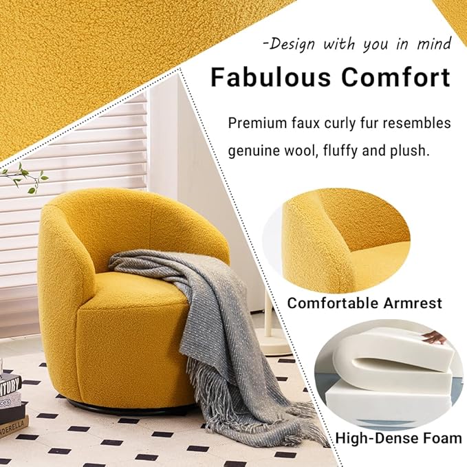 Antetek Small Swivel Chair Club 360 Degree Swivel Barrel Chair Modern Leisure Arm Chair for Nursery Living Room Hotel Bedroom Office Lounge Yellow