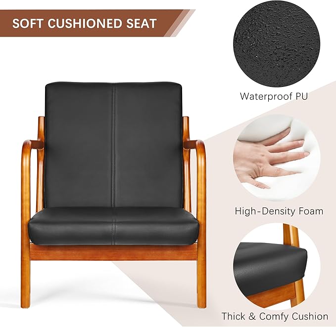 VECELO Mid-Century Modern Accent Chair with Faux Leather Cushion &amp Solid Wood Frame Lounge Armchair for Living Room Bedroom Office Black