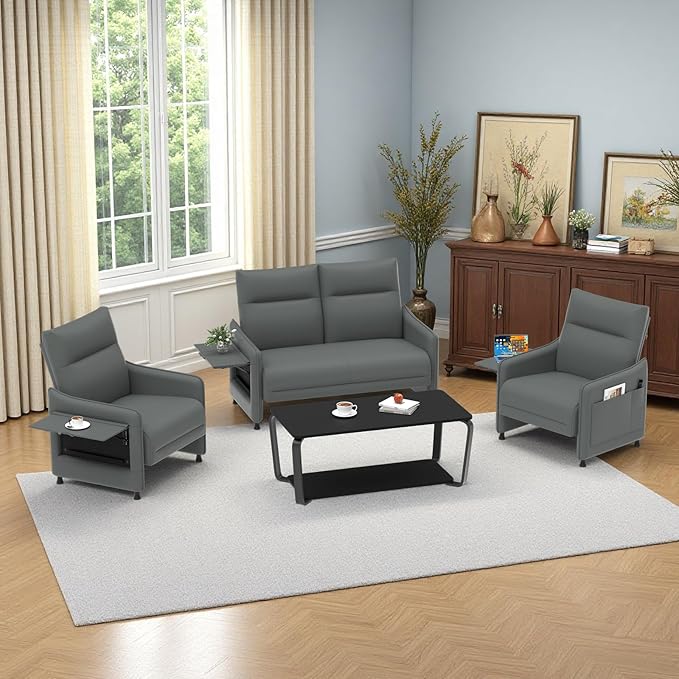 PU Leather Accent Chair Set of 2 Mid-Century Modern Living Room Armchair Sofa High-Front to Low-Back Curve Flip-Up Table Storage Pouch Rubber Feet