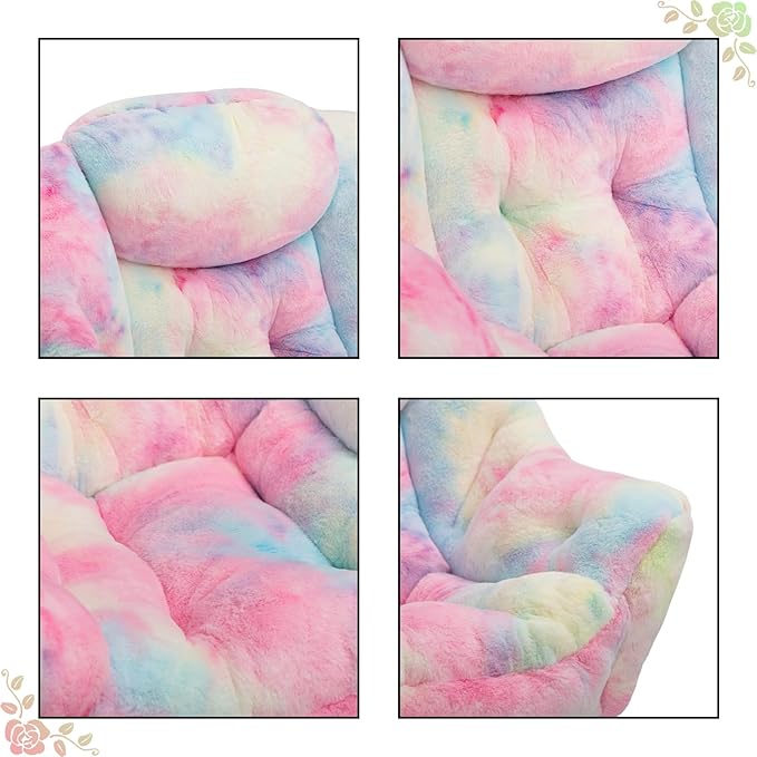HollyHOME Lazy Chair with Foldable Ottoman Accent Comfy Lounge Armchair and Folding Footrest Stool Leisure Sofa Reading Chair and Footstool for Living Room Bedroom DormFaux Fur Rainbow
