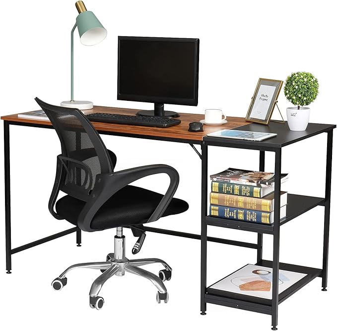 Home Office Desks Corner Computer Desk with Storage Shelves 140cm Industrial Office Desk Study Writing Table Workstation with Printer Stand and Bookshelf for Home Office 140 x 60 x 75cm(L x W x H)