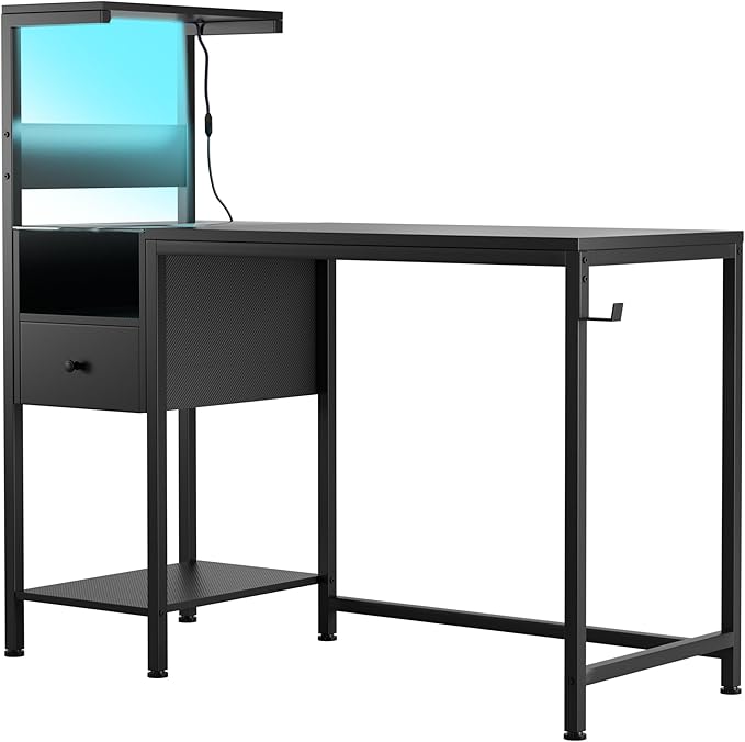 Computer Desk with Power Outlet Storage Shelves Study Writing Table with USB Ports Charging Station PC Desk Workstation for Home Office Black