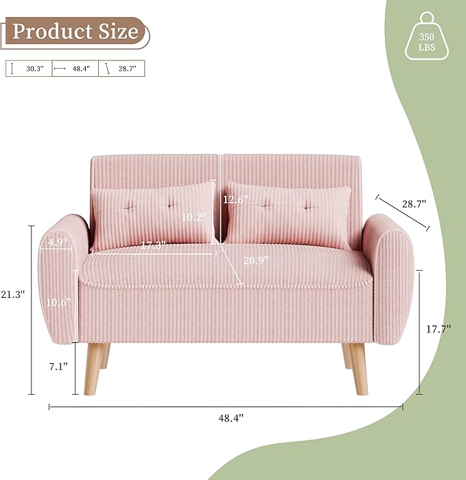 Vongrasig 47 Small Modern Loveseat Sofa Mid Century Soft Corduroy Fabric 2-Seat Sofa Couch Tufted Love Seat with Back Cushions and Tapered Legs for Living Room Bedroom and Small Space (Pink)