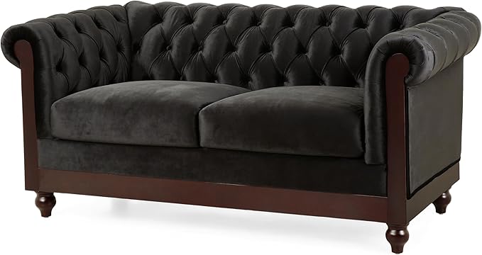 LUMISOL 59 Chesterfield Loveseat with Rolled Arms Modern Velvet Sofa 2-Seater Tufted Couch with Nailhead and Solid Wood Legs for Living Room Bedroom Office Black