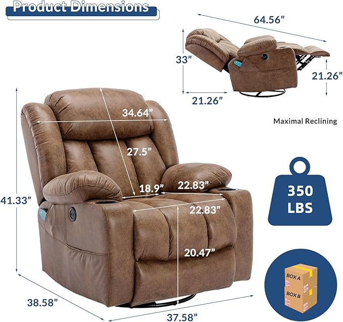 Manual Swivel Glider Rocker Recliner Chair with Heated Massage 360° Swivel Overstuffed Reclining Chair with 2 Cup Holders Side Pockets &amp USB Ports for Living Room Brown