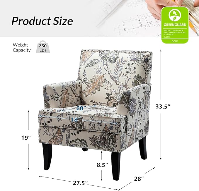 HULALA HOME Modern Accent Chair with Arms and Wooden Legs Floral Patterned Accent Chair Armchair High Back Rest Padded Armrest and Comfortable Cushioned Seat for Living Room (Orange Grey Floral)