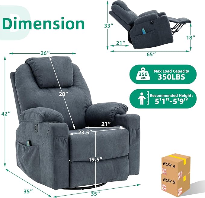 VIVIJASON Manual Massage Rocker Recliner Chair 360° Swivel Glider Lounge Chair with Heat Ergonomic Home Theater Recliner Sofa with 2 Cup Holders Side Pockets &amp USB Ports for Living Room Bluish