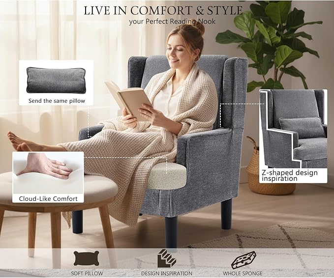 Accent Chairs Set of 2 for Living Room Chairs Modern Accent Chair Oversized Reading Chair for Living Room Sofa Chair with High Back and Wood Legs Upholstered Armchair Comfy Chair for Bedroom (Grey)