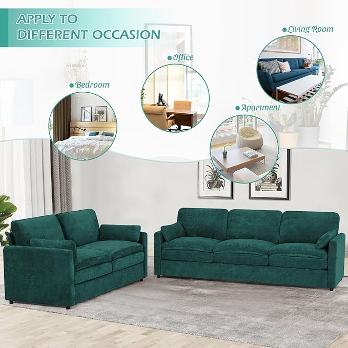 2 Pieces Chenille Sofa Set w/Arm Pillows Upholstered Loveseat &amp 3 Seater Sofa w/Comfortable Back Cushions Modern 2-Seat &amp 3-Seat w/High-Density Foam for Living Room Apartment Teal