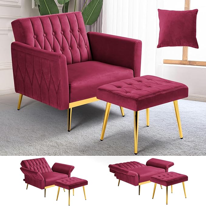 Velvet Accent Chair with Adjustable Armrests and Backrest Button Tufted Lounge Chair Single Recliner Armchair with Ottoman and Pillow for Living Room Bedroom Fuchsia