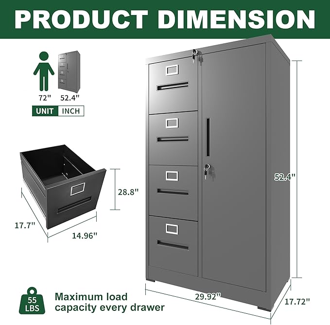 4 Drawer Small Metal Vertical File Cabinet with Lock Under Desk Locking Storage Drawers Organizer Filing Cabinets for Home OfficeBlack