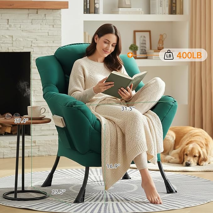 Lazy Chair for Living Room Large Dark Green Accent Chair with a Throw Pillow Leisure Sofa Chair Set Comfy Reading Chair for Bedroom Dorm Room Office