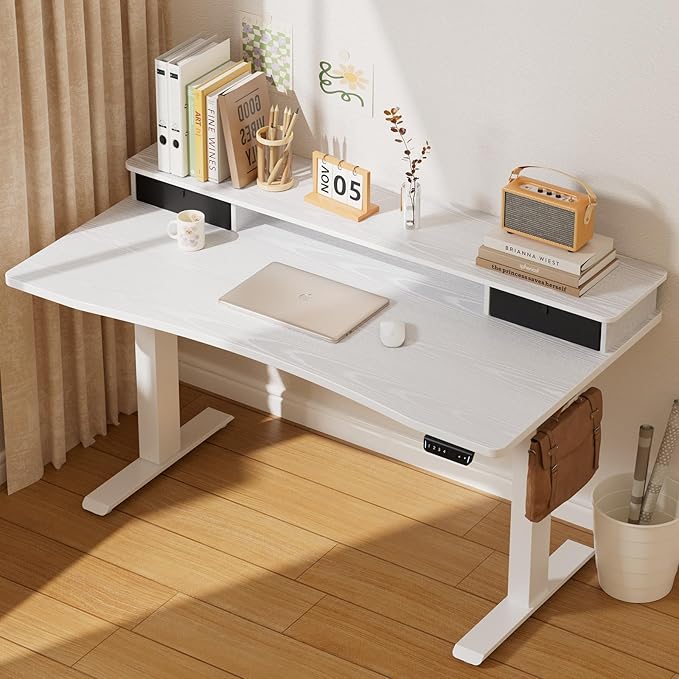 Veken 47.2×27.6 Home Office Standing Desk with Monitor Riser Adjustable Computer Desk with Drawers Ergonomic Desk for Work Study Gaming Crafting White