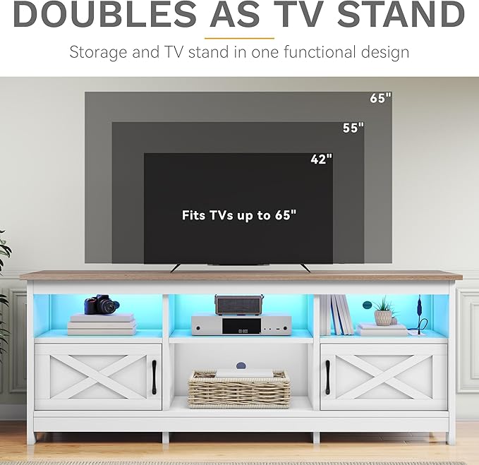 DWVO TV Stand for up to 65 Inch TV Entertainment Center with Storage TV Cabinet with Power Outlet &amp LED Light Strip Media Console Television Stands for Living Room White &amp Walnut