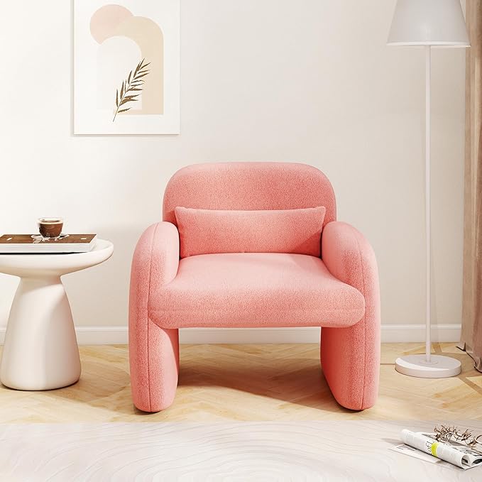 Giantex Modern Accent Chair for Living Room Sherpa Fabric Upholstered Armchair w/Waist Pillow Comfy Reading Chair w/Armrests Small Single Sofa for Bedroom Reception Apartment Office Pink