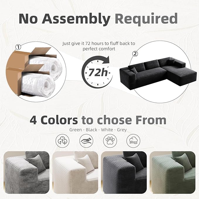 108” Boneless Couches for Living Room L-Shape Modular Sectional Sofa Couches High Rebound Sponge Comfy Fluffy Corduroy Cloud Couch with Oversized Chaise and Deep Seat (Charcoal Black)