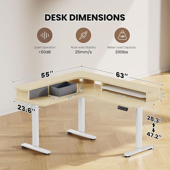 Flycity Electric L Shaped Standing Desk with Drawers 63 x 55 Corner Standing Desk Adjustable Height Stand Up Home Office Desk Dual Motor Sit Stand Desk with 3 Memory Preset &amp Lock Maple