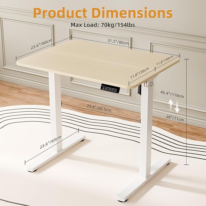 ERGOMAKER Electric Standing Desk 31.5 x 23.6 Height Adjustable Sit Stand Desk with Splice Board for Home Office Computer Desk Memory Preset (White Frame Gold Oak Desktop)