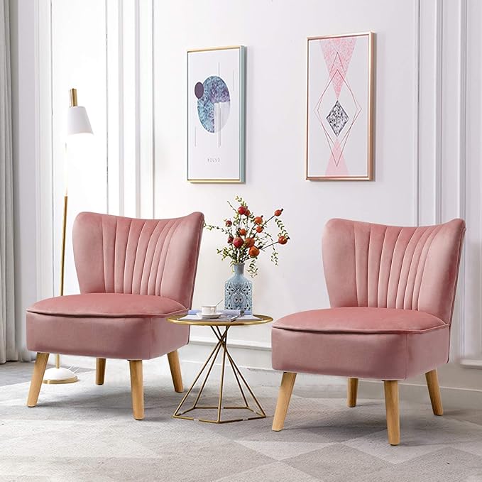 S AFSTAR Armless Accent Chair Velvet Modern Chair with Rubber Wood Legs and Thick Sponge Seat Upholstered Leisure Wingback Sofa Chair for Living Room for Bedroom Living Room (1 Pink)