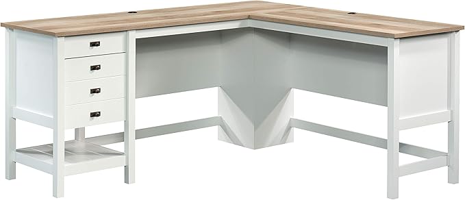 Sauder Cottage Road L Shaped Desk Computer Desk with Drawers Home Office Desk with Optional File Cabinet Storage Cable Management in Soft White Finish