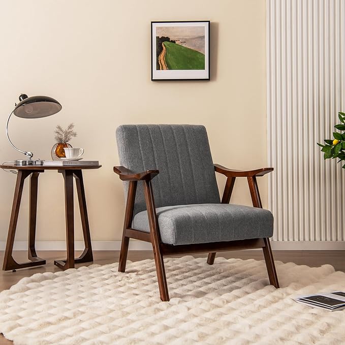 Giantex Mid-Century Modern Accent Chair Upholstered Comfy Living Room Chair with Arms Anti-Slip Felt Pads Wooden Frame Soft Padded Armchair for Living Room Bedroom Office Study Light Grey