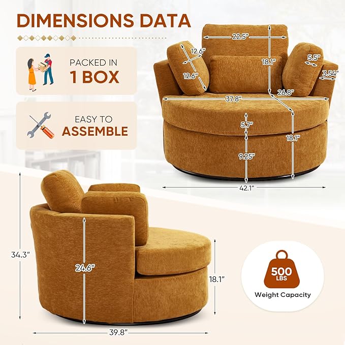 Oversized Swivel Accent Barrel Chair Set of 2 Chenille Upholstered Comfy Round Swivel Chair with Pillows 360 Degree Modern Lounge Reading Sofa Armchair for Nursery Living Room Bedroom(Yellow)