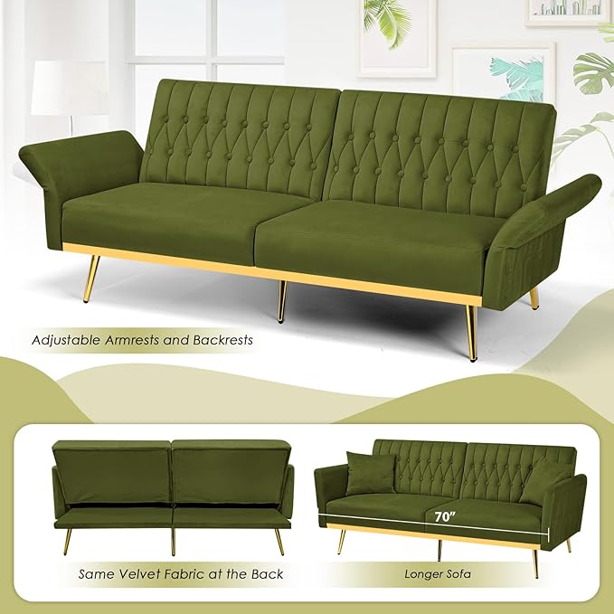70 Velvet Futon with Adjustable Backrest and Armrests Sofa Bed with Extra Pillows for Waiting Room Living Room and Office Olive Green