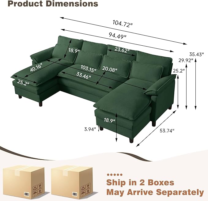 110 Comfy Cloud Couch Sectional Sofa with Lumbar Pillows Modern U-Shaped Cloud Sofa with Double Chaise &amp Deep Seat for Living Room or Office Easy Assembly Dark Green