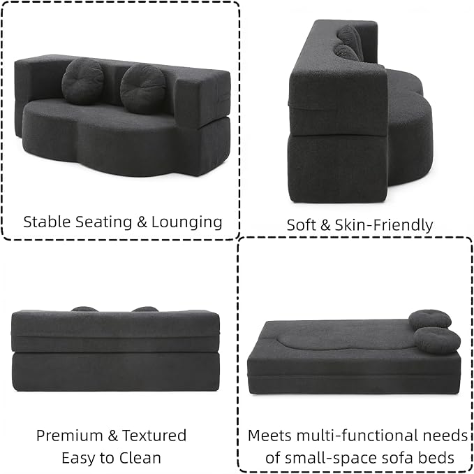 76 Convertible Folding Sofa Bed 2-in-1 Twin Size Loveseat Sleeper Couch Bed with Two Pillows Foldable Space-Saving | Design for Dorms Apartments BedroomNo Assemble(Black)