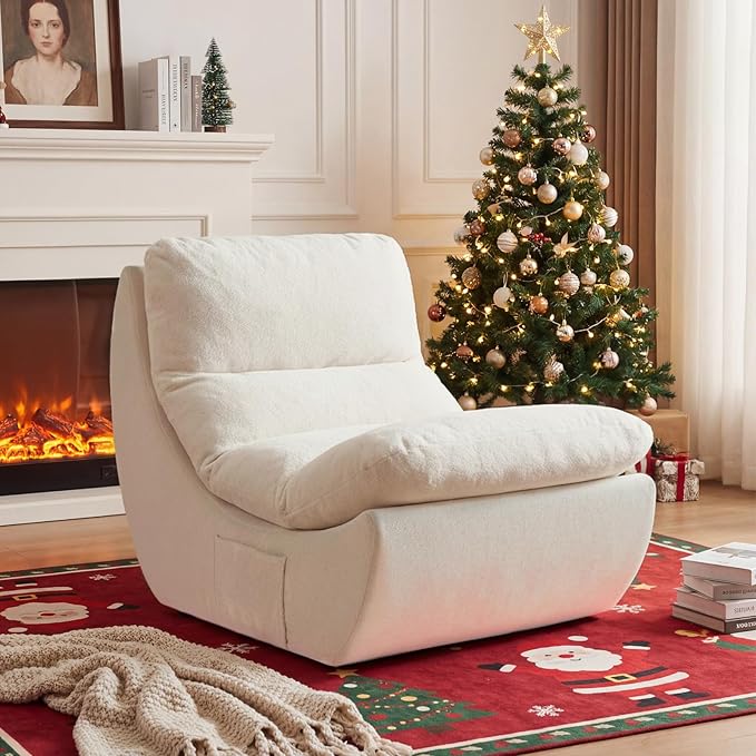 Comfy Reading Chair for Adults Modular Sectional Sofa Bean Bag Chair Cloud Boneless Couch Style with High Rebound Foam Single Seat Compressible Sofa for Living Room &amp Bedroom Beige