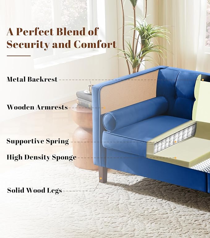 Dreamsir 58'' W Velvet Sofa Mid-Century Modern Love Seats Sofa Furniture with Two Bolster Pillows Button Tufted Couch for Living Room Easy Assembly (Loveseat Blue)