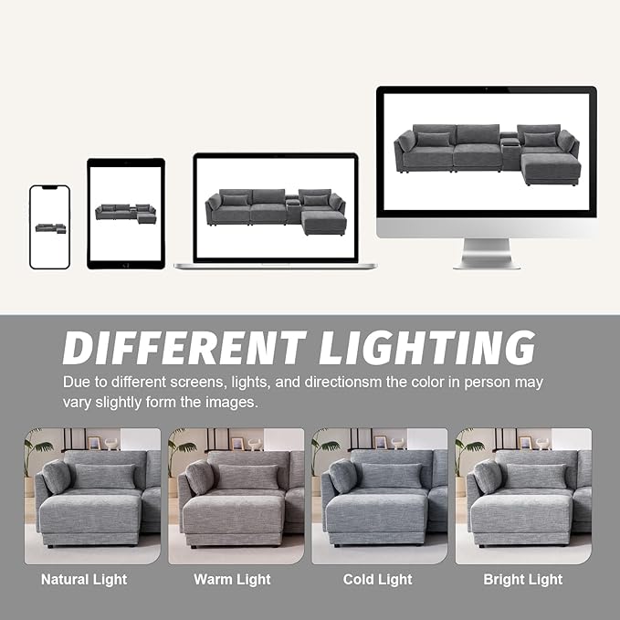 124 Modular L-Shaped Sectional Sofa with Storage Console Movable Ottoman &amp USB/Wireless Charging - 33 Wide Seats 12 Thick Cushions 4-Piece Chenille Couch for Living Room &amp Apartments (Gr