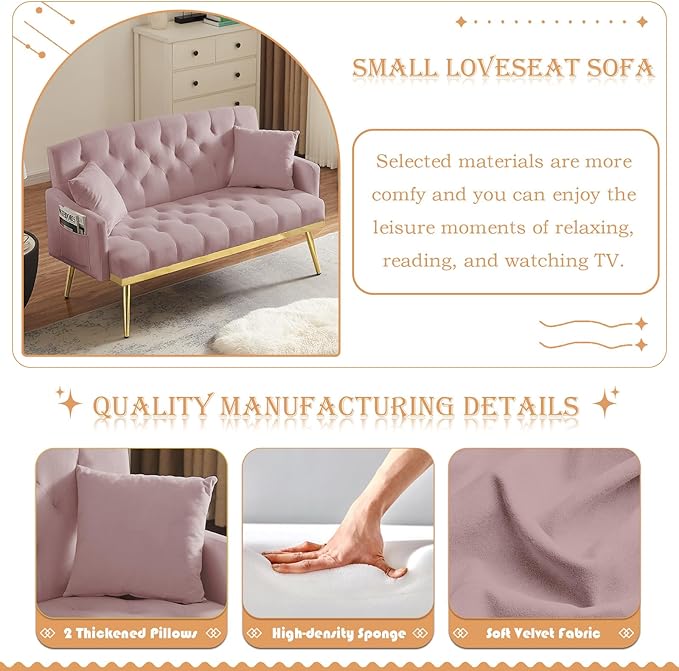 Small Velvet Loveseat Sofa 55.5-inch Modern Sofa Couch with with 2 Side Pockets Modern Tufted Sofas with Golden Metal Legs Upholstered Space Saving Love Seat for Living Room Bedroom Office Pink
