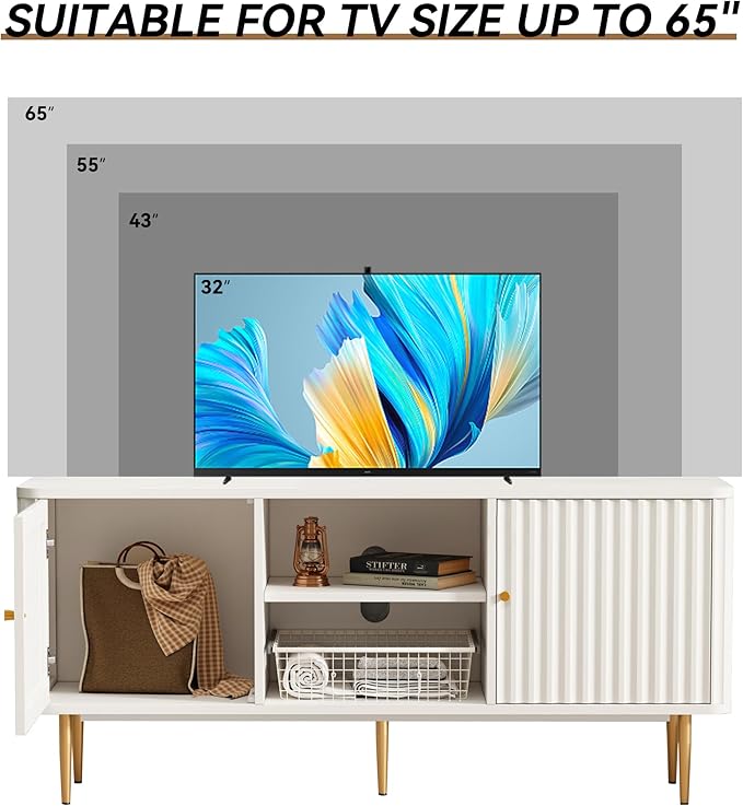 ARTPOWER 55” Fluted TV Stand Mid Century Modern White TV Stand for 55/60/65 inch TV Entertainment Center with Storage Television Stands TV Console Media Console for Living Room Bedroom