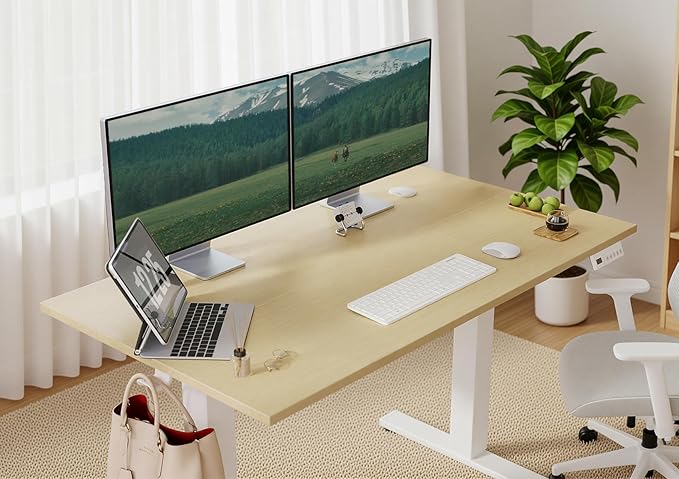 Seang Electric Height Adjustable Standing Desk 40 x 24 Inch Sit-Stand Workstation with T-Style Frame 3 Memory Height Options &amp Built-in Cable Management for Home Office White Frame/Nature Top
