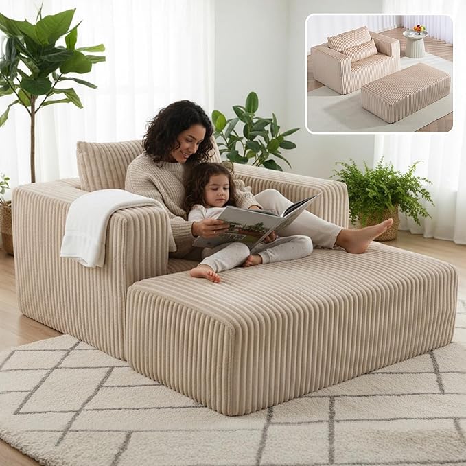 51” Oversized Boneless Chair with Ottoman Big Comfy Accent Chair with Ottoman for Living Room Cloud Chaise Lounge Chair Indoor Plush Pillows|Corduroy (Beige)