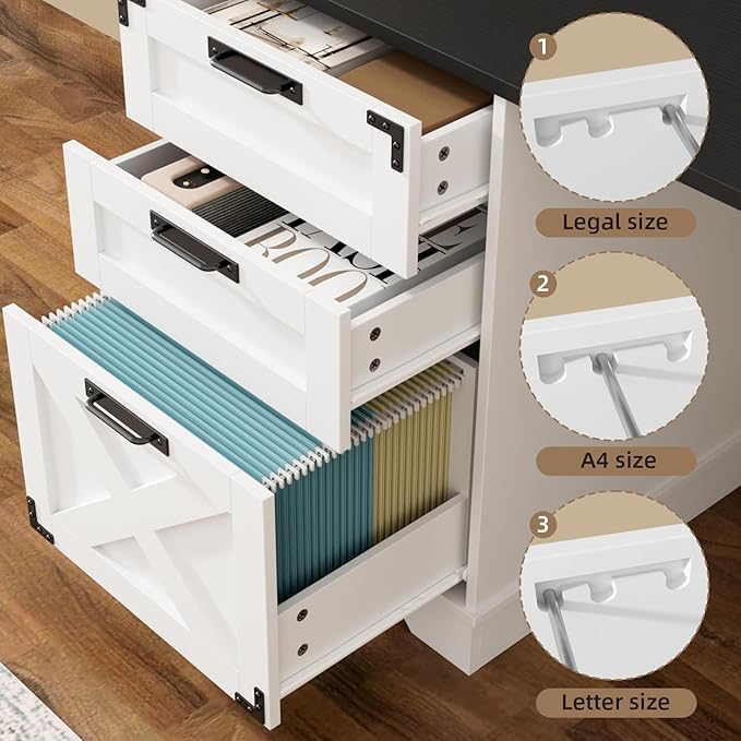 VOWNER 57 Farmhouse L Shaped Desk with Hutch Executive Desk with Charging Station Home Office Desk with Sliding Doors and File Cabinet Wood Corner Computer Desk with Drawers for Home Office White