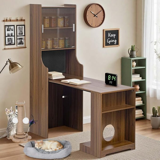 Folding Out Desk with Storage Expandable Hidden Desk Space-Saving Pull Out Murphy Table Writing Table with Shelves and Free Cat Bed for Home Office Bedroom Dorm Room Small Spaces (Walnut..)