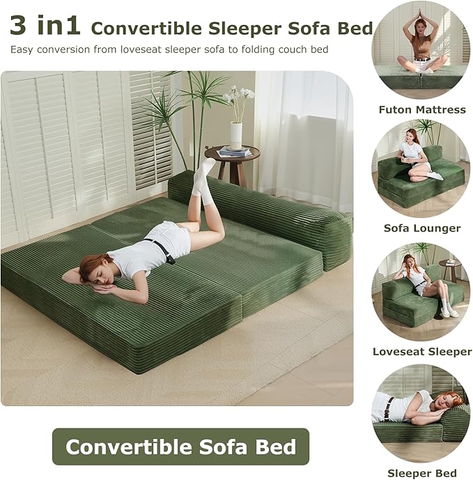 Folding Futon Sofa Bed Full Size 6 inch Convertible Floor Couch Bed with Removable Corduroy Cover Pull Out Couch for Small Spaces High-Density FoamGreen