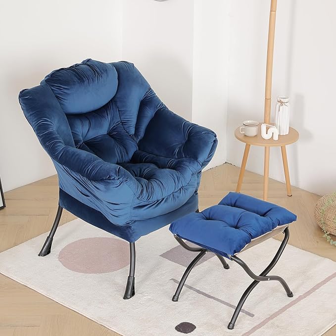 LITA Lazy Chair with Ottoman Modern Accent Leisure Upholstered Sofa Chair Contemporary Lounge Reading Chairs with Armrests and a Side Pocket for Living Room Bedroom &amp Small Space Royal Blue