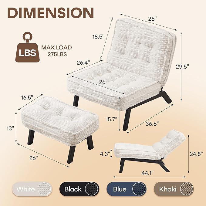 ANJ 3-Position Adjustable Accent Floor Chair with Ottoman Ergonomic Stable Lounge Chairs for Adults Thick Cushioned Comfy Reading Chair with Footrest for Living Room Bedroom White