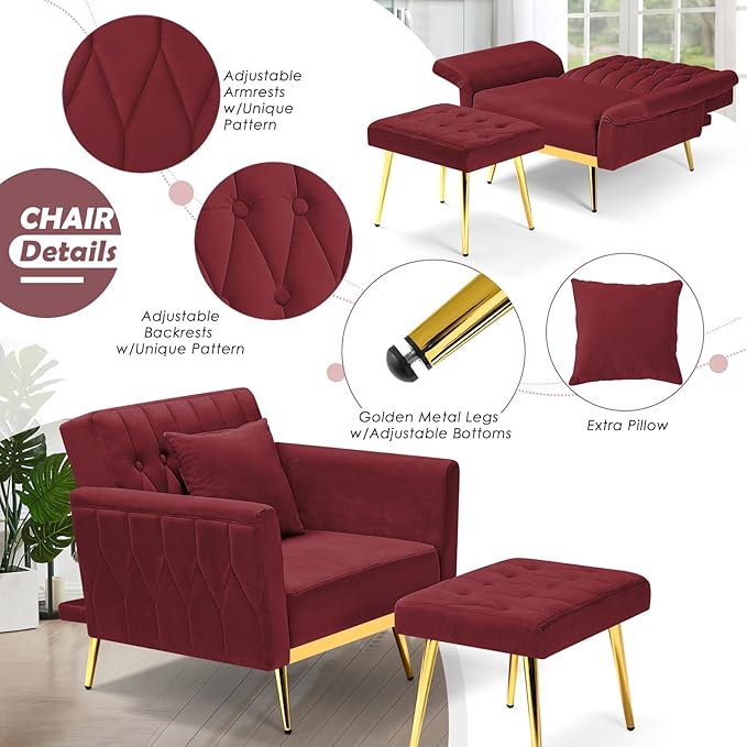 Velvet Accent Chair with Adjustable Backrest and Armrests Single Recliner Armchair with Ottoman and Golden Mental Legs for Living Room Bedroom and Waiting Room Red