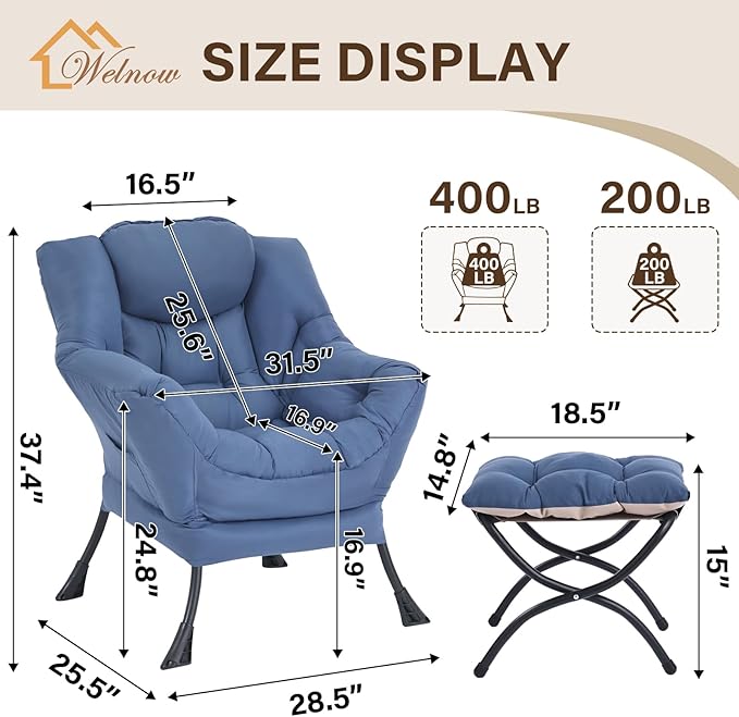 Welnow Lazy Chair with Ottoman Modern Accent Chair with Armrests and a Side Pocket Leisure Sofa Armchair Reading Armchair with Footrest for Small Space Royal Blue