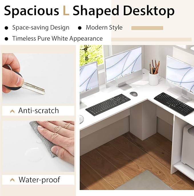 Tangkula White L Shaped Desk with Storage Shelves Wooden Corner Computer Desk Space-Saving Home Office Workstation Gaming Desk Writing Study Desk L Shaped Office Desk