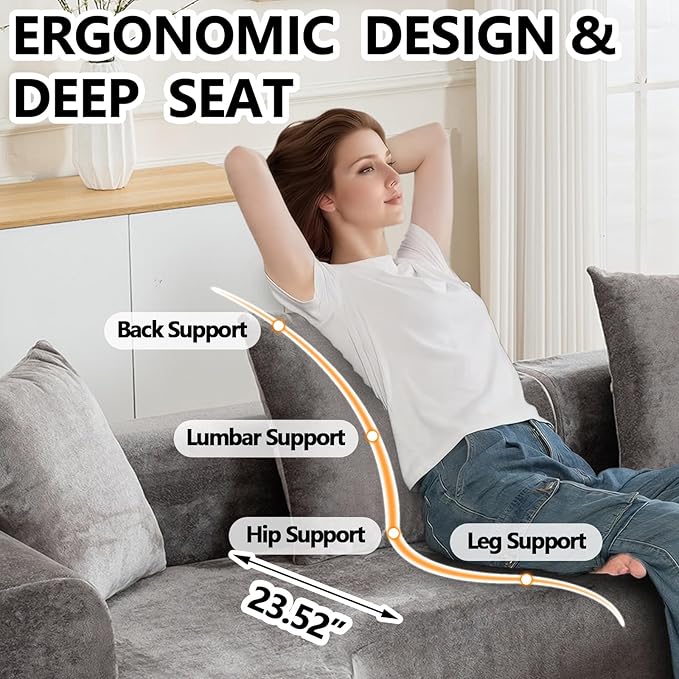 100“ Curved Sectional Couches for Living Room L Shaped Sectional Couch with Deep Seat &amp 3 Pillows Compression Sofa in a Box &amp Cream Couch with Wide Armrest No Assembly Required (Grey)