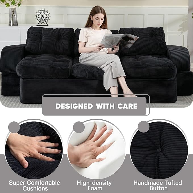 from Couch to Cloud: 3-Seater Boneless Sofa Bed for Small Spaces Cozy Tufted Corduroy Sleeper for Modern Adults No Assembly Needed Ships Compressed