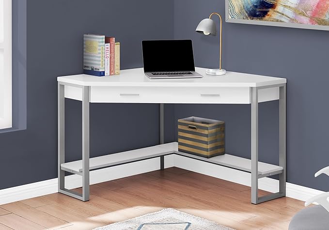 Pemberly Row Corner Computer Desk 42 in Particle Board and Metal White and Silver Finish 1 Drawer Bottom Shelf Contemporary Home Office Workstation for Small Spaces