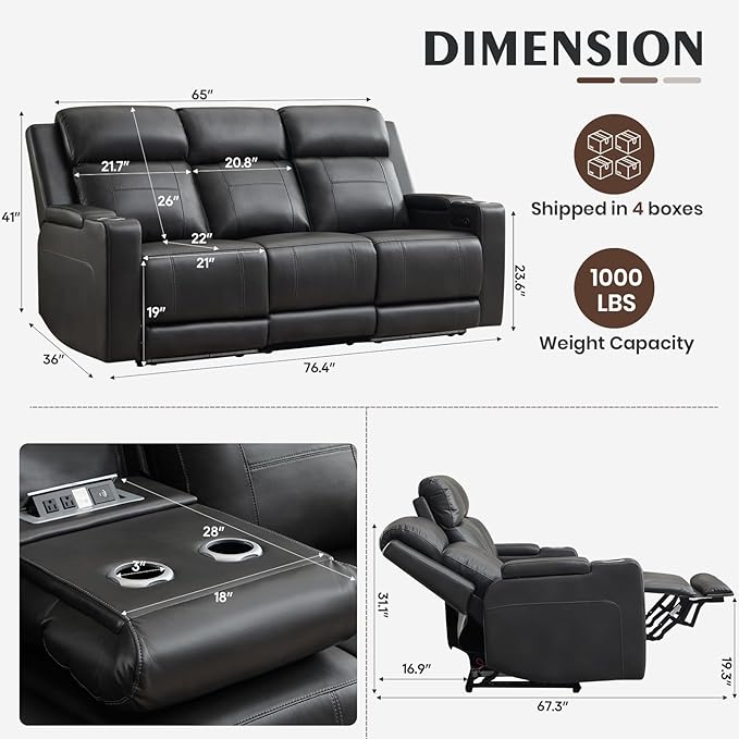 Power Reclining Sofa with Adjustable Headrest/LED Light Electric Reclining Couch with Dual Ports Storage Outlet Power Loveseat Recliner Sofa for Living RoomApartment (Dark Grey 3 Seater)