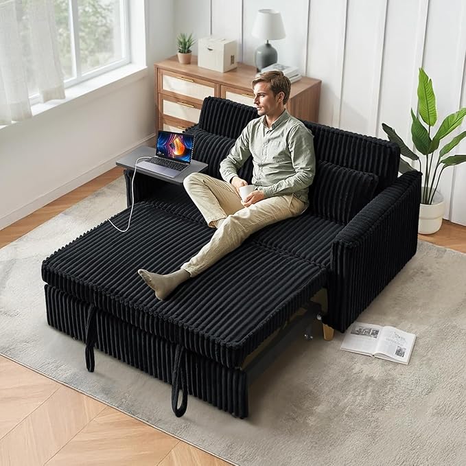 54'' Corduroy 3-in-1 Convertible Sofa Bed Pull Out Sleeper Loveseat Couch with USB Ports &amp Storage Pockets Futon Couches for Small Space Living Room Apartment (Black New)