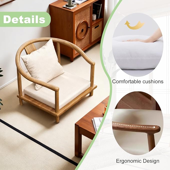 Wooden Japanese Floor Chair with Cushion Multifunctional Floor Armchair with Backrest Accent Meditation Legless Back Rest Chairs for Living Room Bedroom Balcony